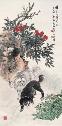 金梦石 1922年作 花荫双犬 立轴